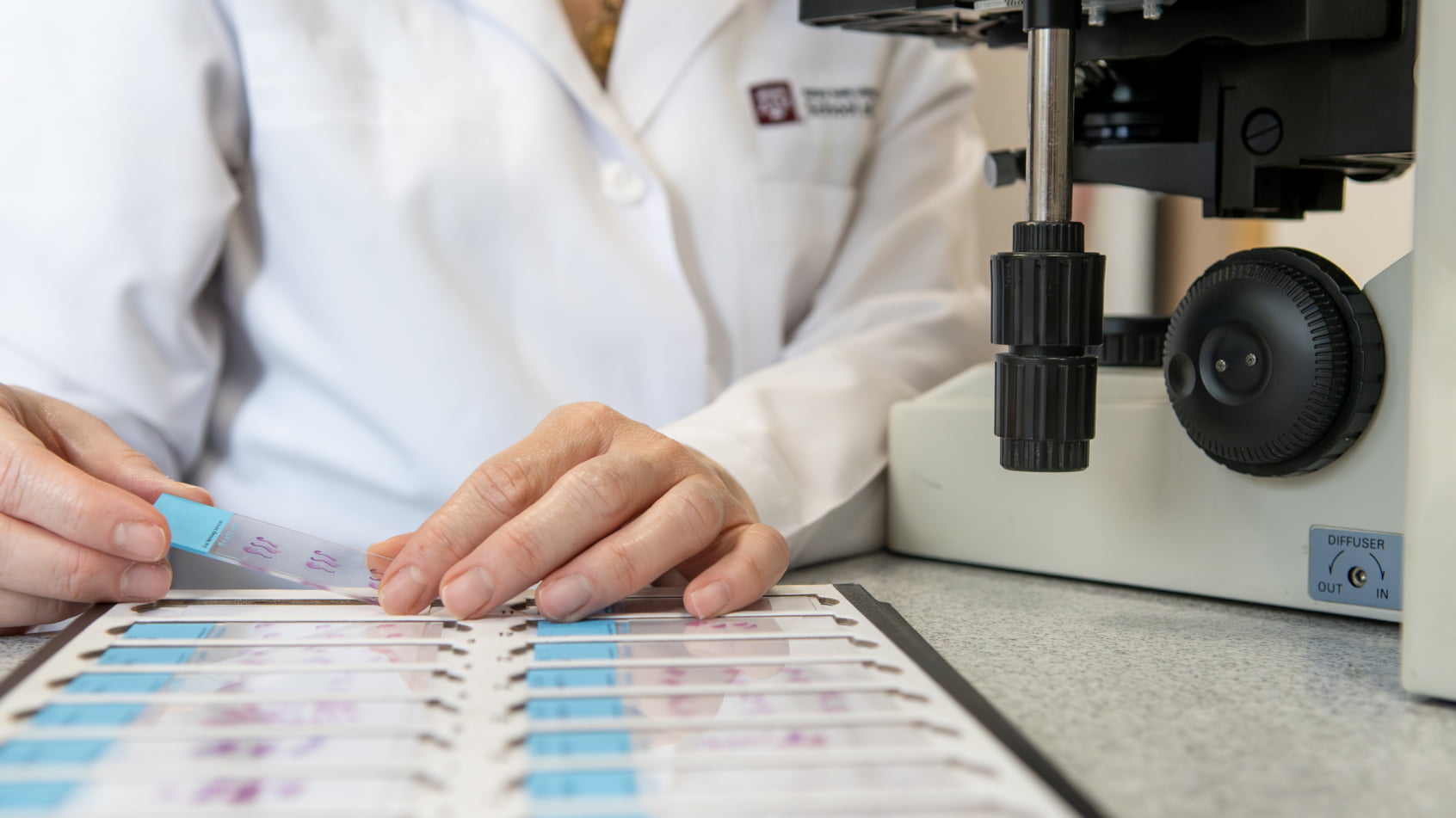A pathologist in a white coat examines histology slides next to a microscope.