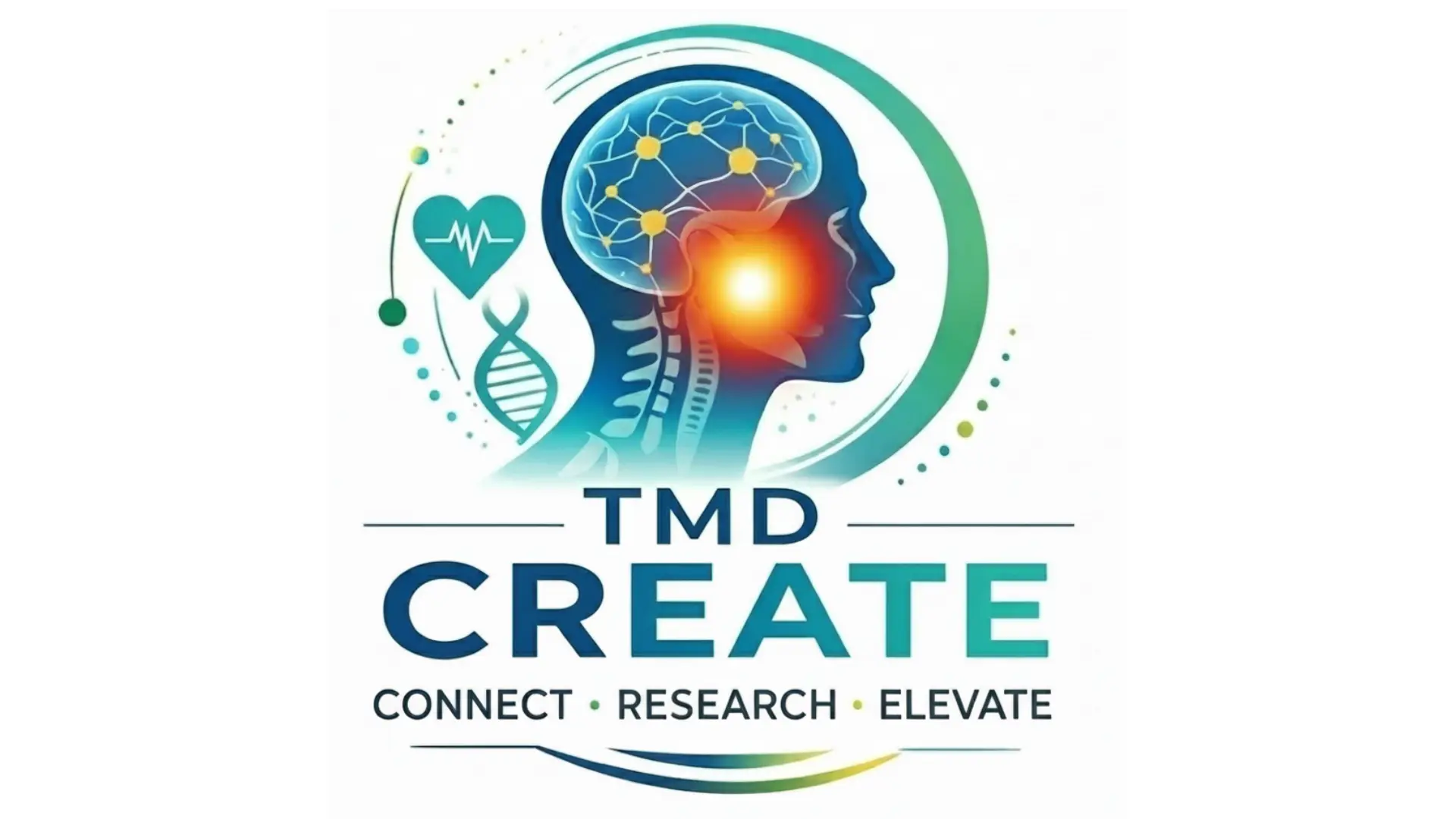 Stylized image of human head from a side view with icons of a heart and DNA helix, used as a logo for TMD Create.