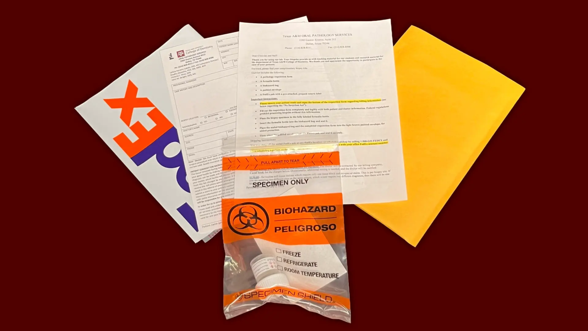 Contents of a biopsy request kit displayed on a table: delivery envelope, information form, biopsy request form, padded envelope and sample container.